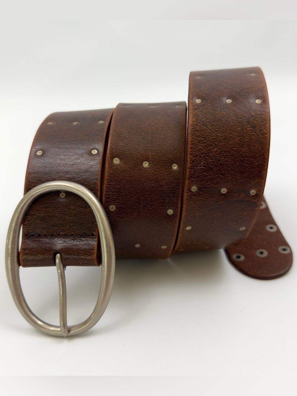 Vintage J.Crew Brown Leather Studded Belt Size 34 Made England Wide Oval Buckle